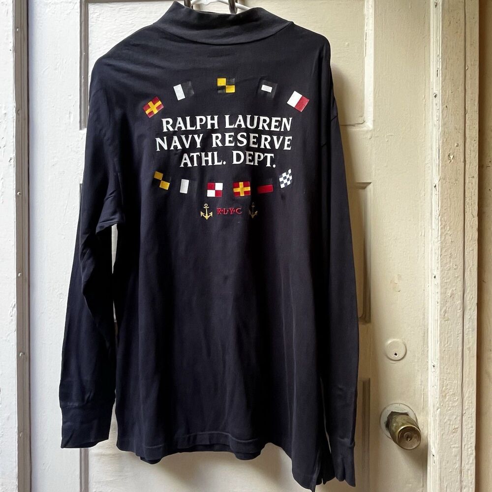 Vtg Ralph Lauren Navy Reserve Athletic Department T-Shirt L Mock Neck Nautical